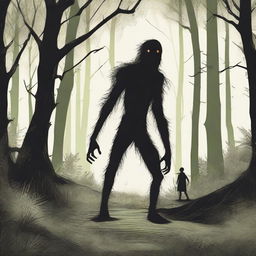 A depiction of a Hidebehind, a mythical creature known for its skinny and hairy appearance, hiding behind trees in a dense forest