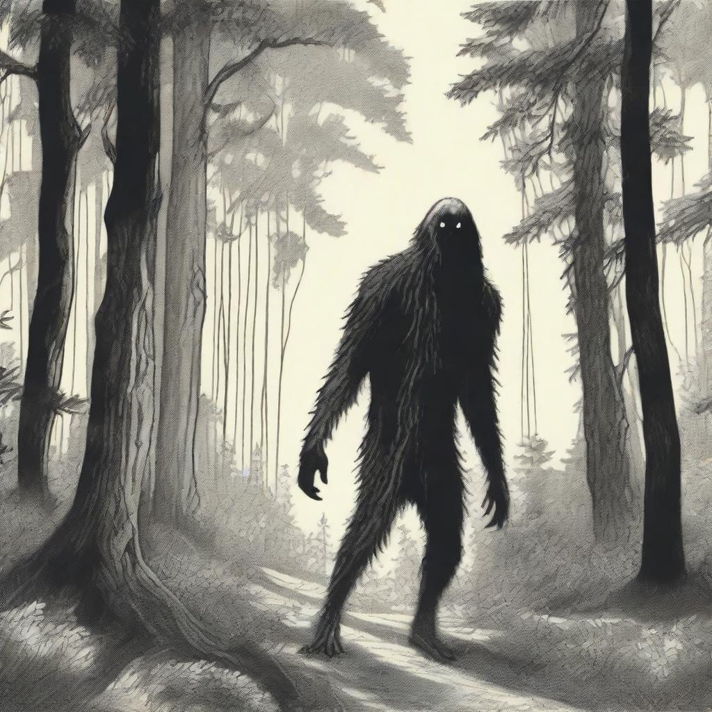 A depiction of a Hidebehind, a mythical creature known for its skinny and hairy appearance, hiding behind trees in a dense forest