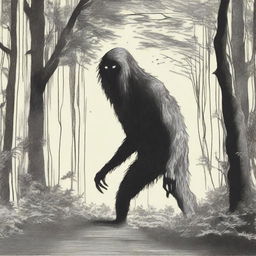 A depiction of a Hidebehind, a mythical creature known for its skinny and hairy appearance, hiding behind trees in a dense forest