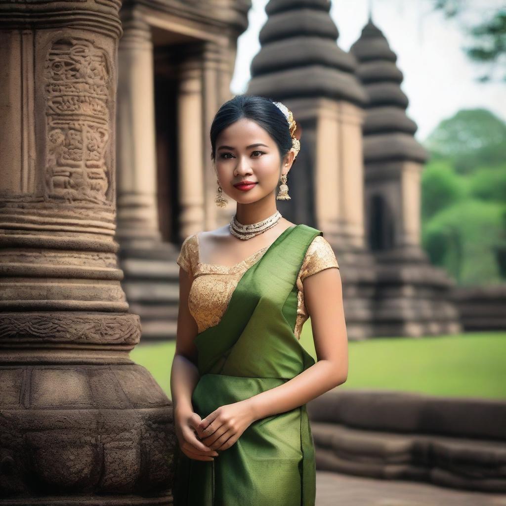 A beautiful Cambodian woman wearing traditional attire, standing gracefully in a serene, picturesque setting with lush greenery and ancient temples in the background