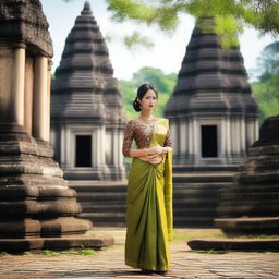 A beautiful Cambodian woman wearing traditional attire, standing gracefully in a serene, picturesque setting with lush greenery and ancient temples in the background