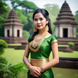 A beautiful Cambodian woman wearing traditional attire, standing gracefully in a serene, picturesque setting with lush greenery and ancient temples in the background