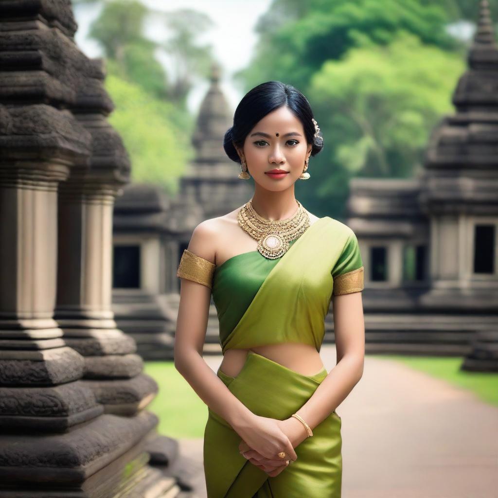 A beautiful Cambodian woman wearing traditional attire, standing gracefully in a serene, picturesque setting with lush greenery and ancient temples in the background