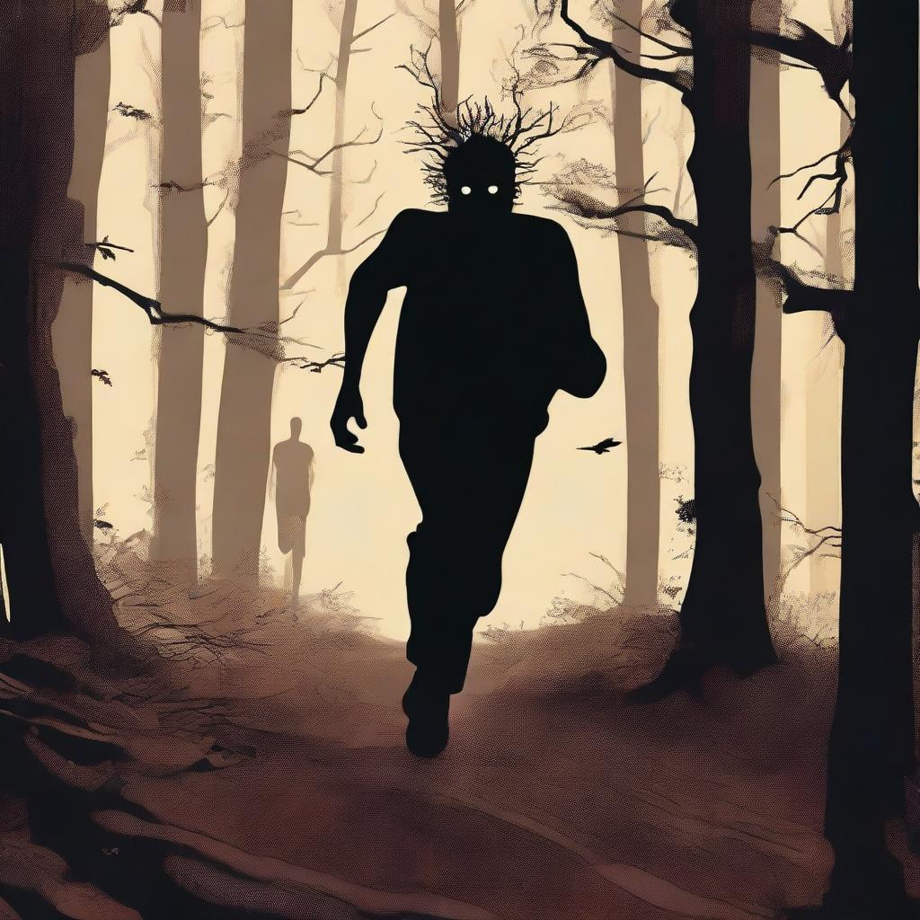 A scene of a man running through a dense, dark forest with an expression of fear on his face