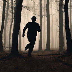 A scene of a man running through a dense, dark forest with an expression of fear on his face