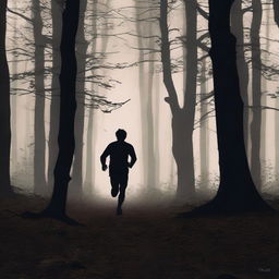 A scene of a man running through a dense, dark forest with an expression of fear on his face