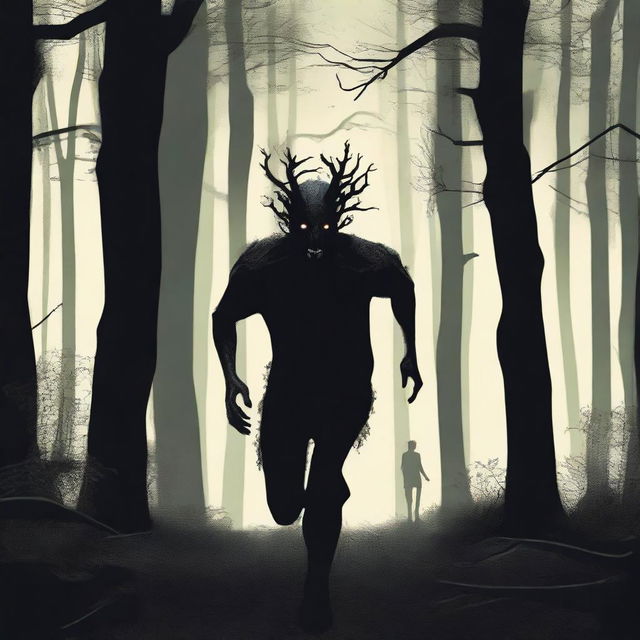 A man running through a dense, dark forest with an expression of fear on his face