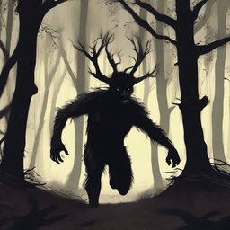 A man running through a dense, dark forest with an expression of fear on his face