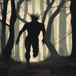 A man running through a dense, dark forest with an expression of fear on his face