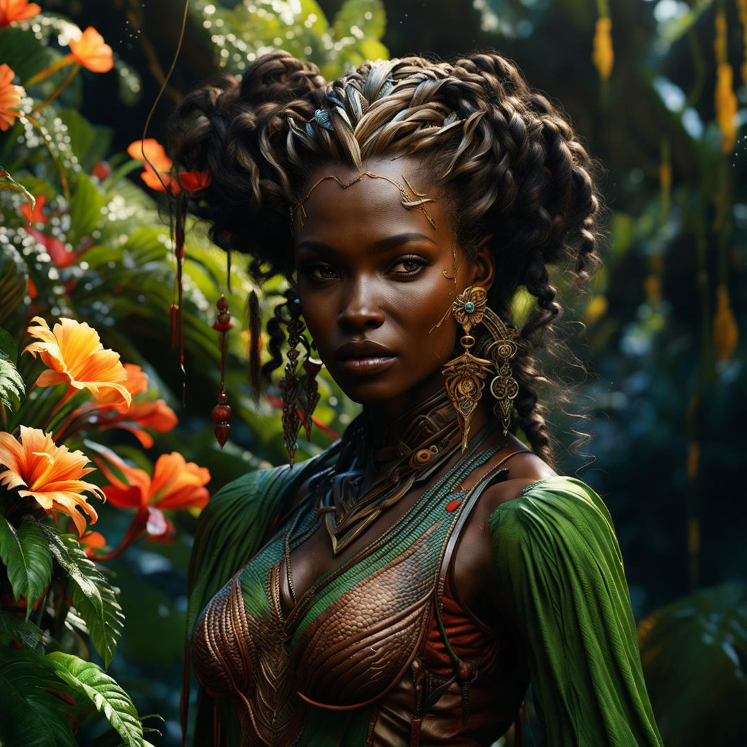 Hyper-realistic 3D image of a zoomed-out view of a different African elf woman with braids in a rococo outfit, standing in a vibrant, magical African jungle. Her face is more intricately detailed, and the image is shot with an intense, immaculate composition and lighting.