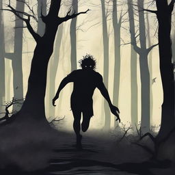 A scene of a man running through a dense, dark forest with an expression of fear on his face