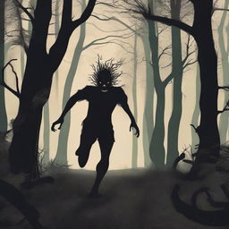 A scene of a man running through a dense, dark forest with an expression of fear on his face