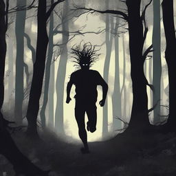 A scene of a man running through a dense, dark forest with an expression of fear on his face