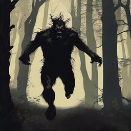 A scene of a man running through a dense, dark forest with an expression of fear on his face