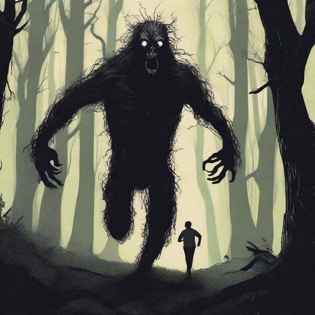 A scene of a man running through a dense, dark forest with an expression of fear on his face