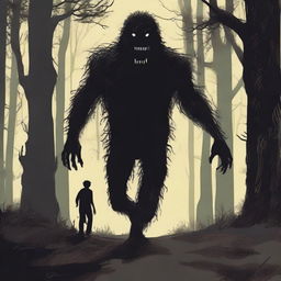 A scene of a man running through a dense, dark forest with an expression of fear on his face