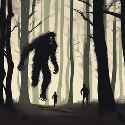 A scene of a man running through a dense, dark forest with an expression of fear on his face