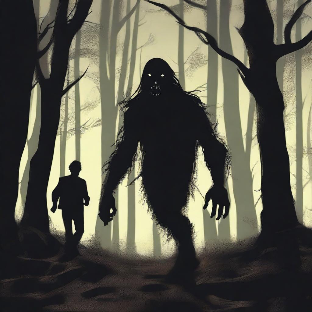 A scene of a man running through a dense, dark forest with an expression of fear on his face