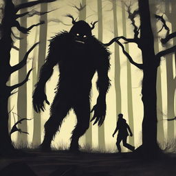 A scene of a man running through a dense, dark forest with an expression of fear on his face