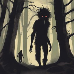 A scene of a man running through a dense, dark forest with an expression of fear on his face