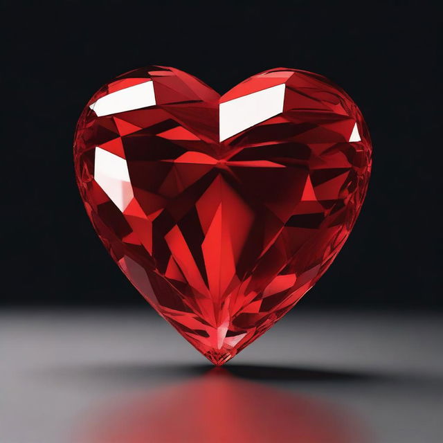 A large, detailed 3D red crystal heart, illuminated to show its facets and depth, set against a plain black background