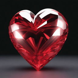 A large, detailed 3D red crystal heart, illuminated to show its facets and depth, set against a plain black background