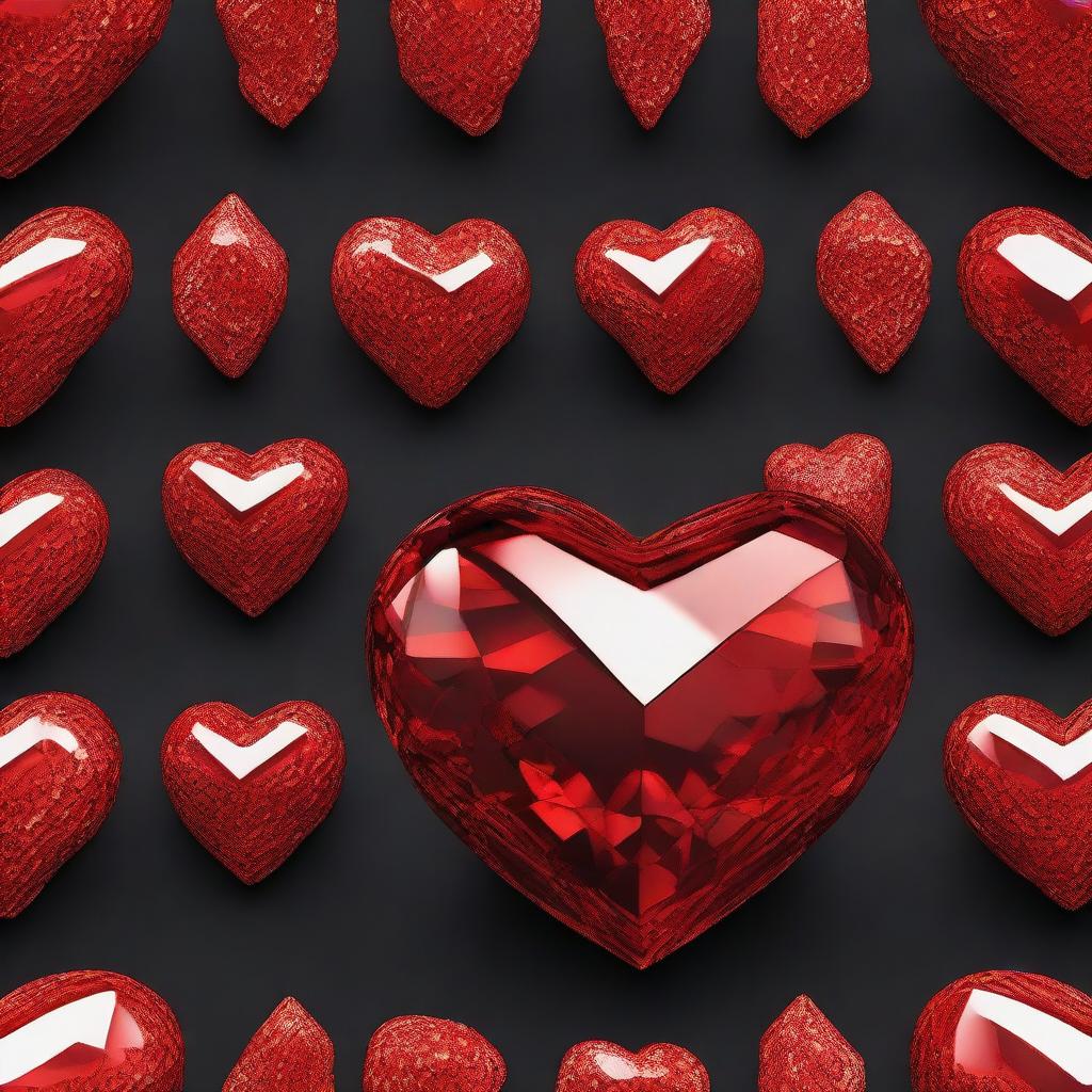 A highly detailed 3D rendering of a large red crystal heart, set against a solid black background