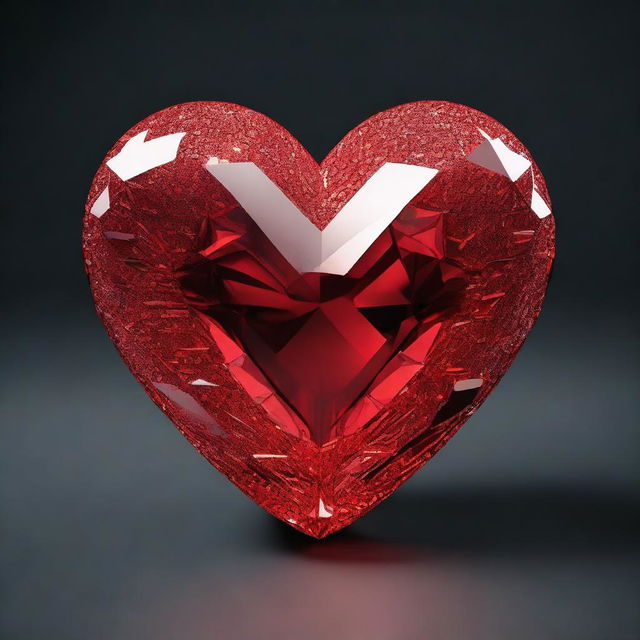 A highly detailed 3D rendering of a large red crystal heart, set against a solid black background