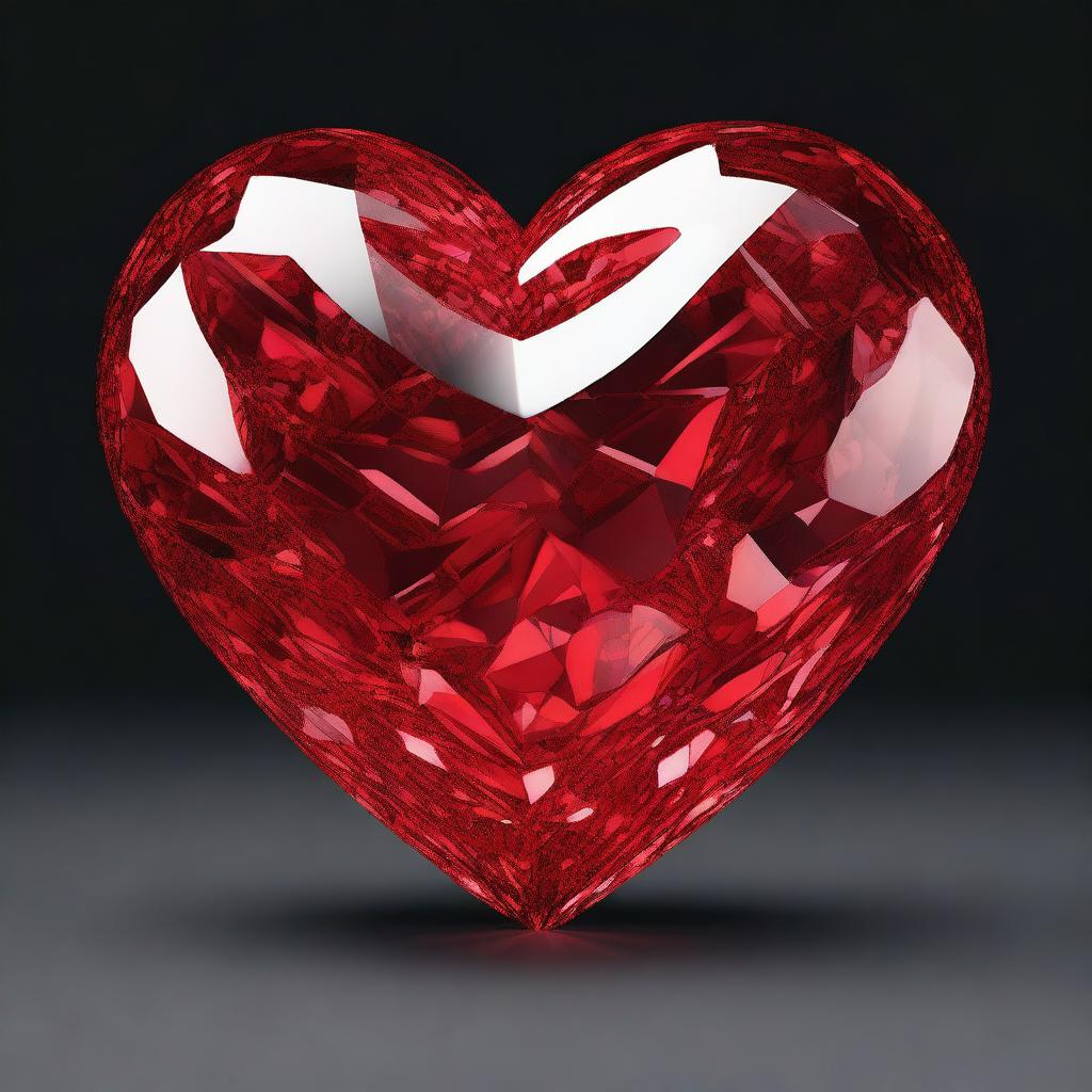 A highly detailed 3D rendering of a large red crystal heart, set against a solid black background