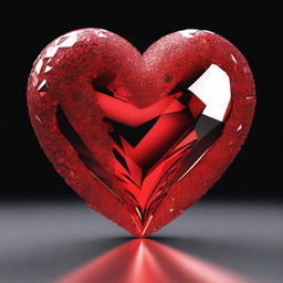 A highly detailed 3D rendering of a large red crystal heart, set against a solid black background