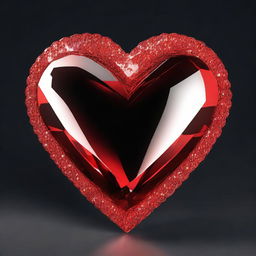 A highly detailed 3D rendering of a large red crystal heart, set against a solid black background