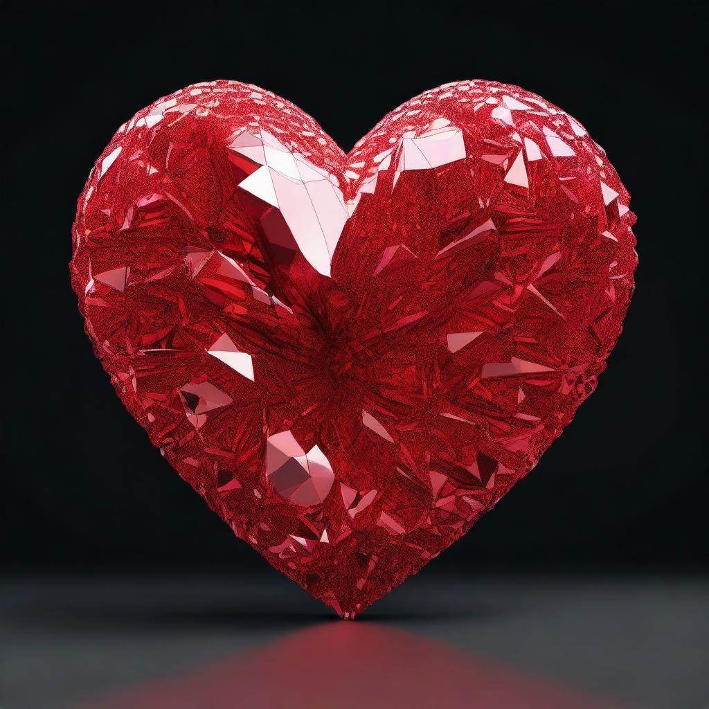 A highly detailed 3D rendering of a large red crystal heart, set against a solid black background