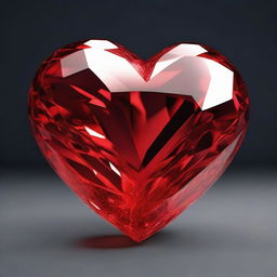 Draw a highly detailed 3D rendering of a large red crystal heart, set against a solid black background