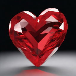 Draw a highly detailed 3D rendering of a large red crystal heart, set against a solid black background