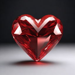 Draw a highly detailed 3D rendering of a large red crystal heart, set against a solid black background