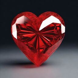 Draw a highly detailed 3D rendering of a large red crystal heart, set against a solid black background