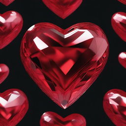 Draw a highly detailed 3D rendering of a large red crystal heart, set against a solid black background