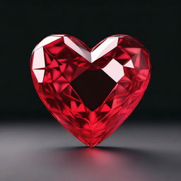 Draw a highly detailed 3D rendering of a large red crystal heart, set against a solid black background