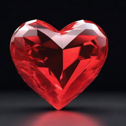 Draw a highly detailed 3D rendering of a large red crystal heart, set against a solid black background