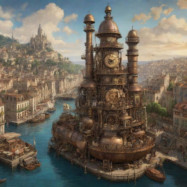 A unique depiction of France with a steampunk twist, envisioning Paris adorned with intricate mechanical constructs, the French Riviera bustling with steam-powered yachts, and the countryside inhabited by clockwork vineyards.