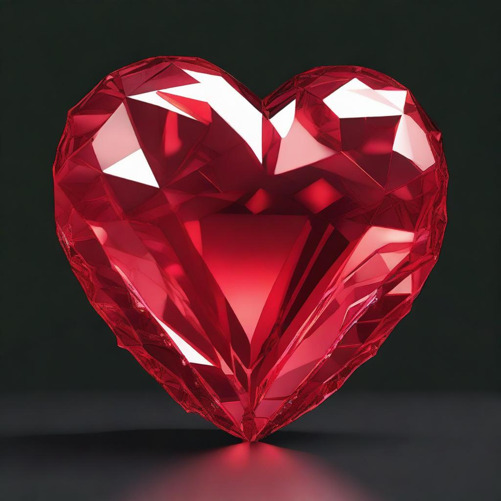 Draw a highly detailed 3D rendering of a large red crystal heart, set against a solid black background