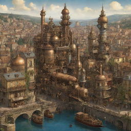 A unique depiction of France with a steampunk twist, envisioning Paris adorned with intricate mechanical constructs, the French Riviera bustling with steam-powered yachts, and the countryside inhabited by clockwork vineyards.