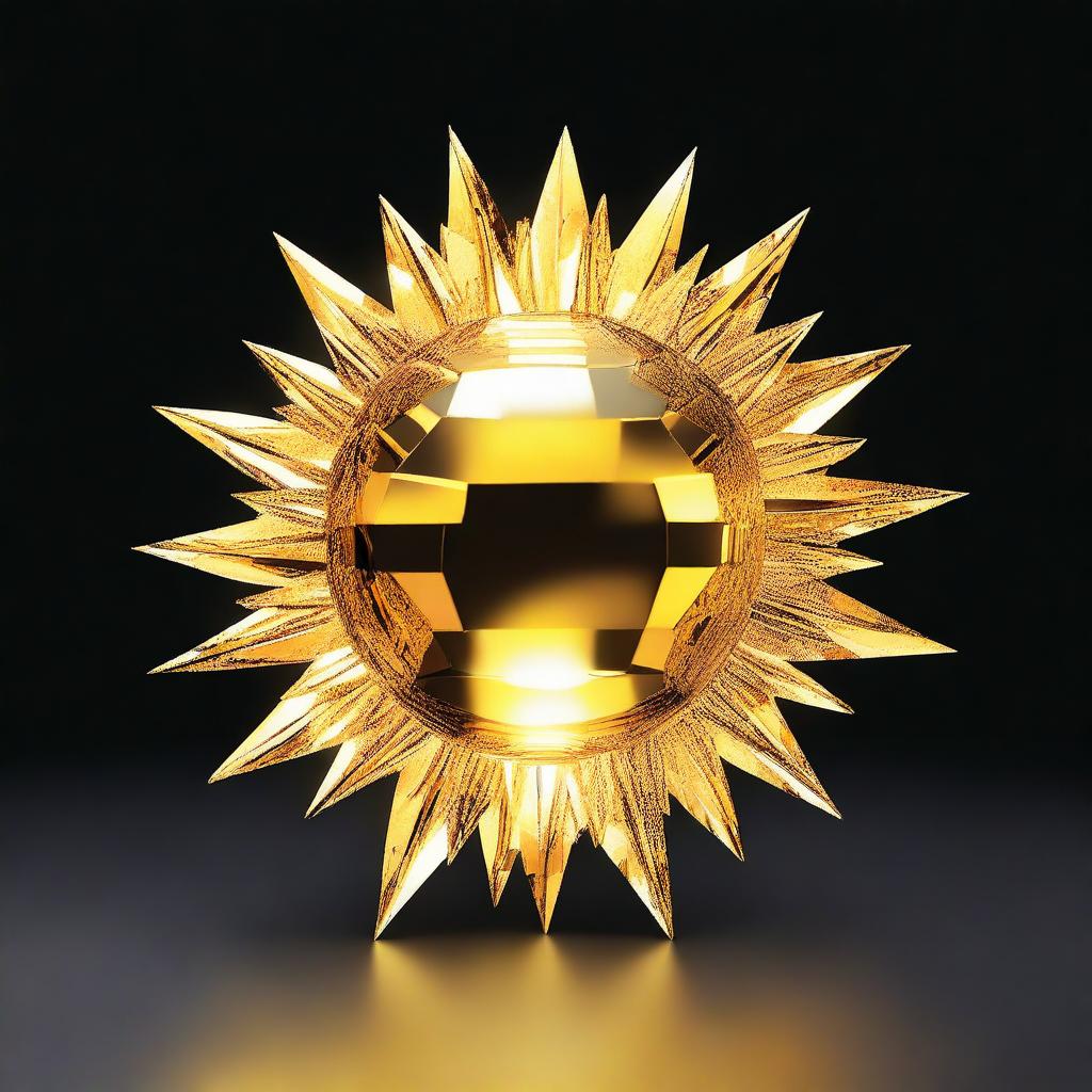 A highly detailed 3D rendering of a large yellow crystal sun, set against a solid black background