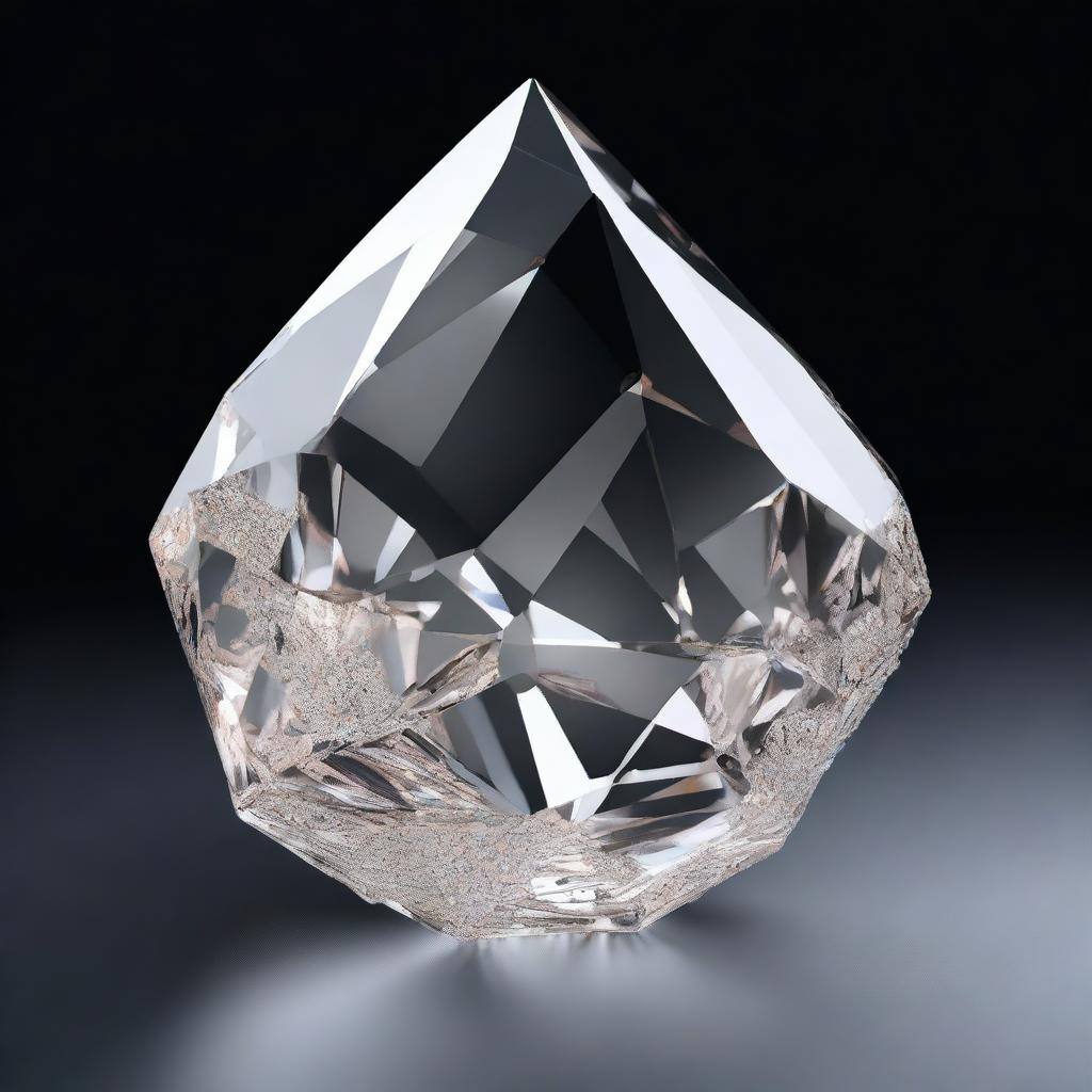 A highly detailed 3D rendering of a large crystal, set against a solid black background