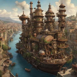 A unique depiction of France with a steampunk twist, envisioning Paris adorned with intricate mechanical constructs, the French Riviera bustling with steam-powered yachts, and the countryside inhabited by clockwork vineyards.