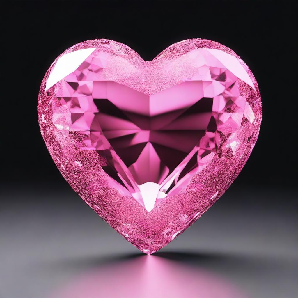 A highly detailed 3D rendering of a large pink crystal heart, set against a solid black background