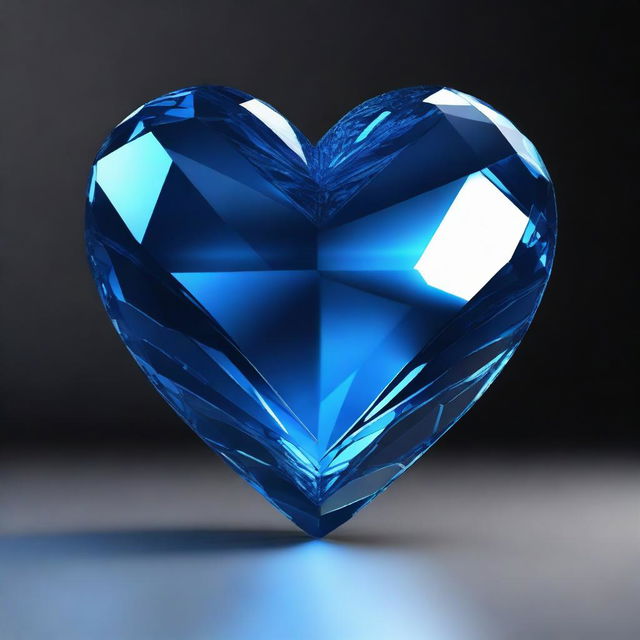 A highly detailed 3D rendering of a large blue crystal heart, set against a solid black background