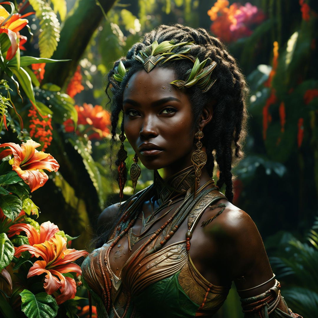 Hyper-realistic 3D image of a zoomed-out view of a different African elf woman in a different position, with braids in a rococo outfit, standing in a vibrant, magical African jungle. Her face is more intricately detailed, and the image is shot with an intense, immaculate composition and lighting.