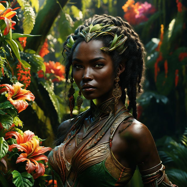 Hyper-realistic 3D image of a zoomed-out view of a different African elf woman in a different position, with braids in a rococo outfit, standing in a vibrant, magical African jungle. Her face is more intricately detailed, and the image is shot with an intense, immaculate composition and lighting.