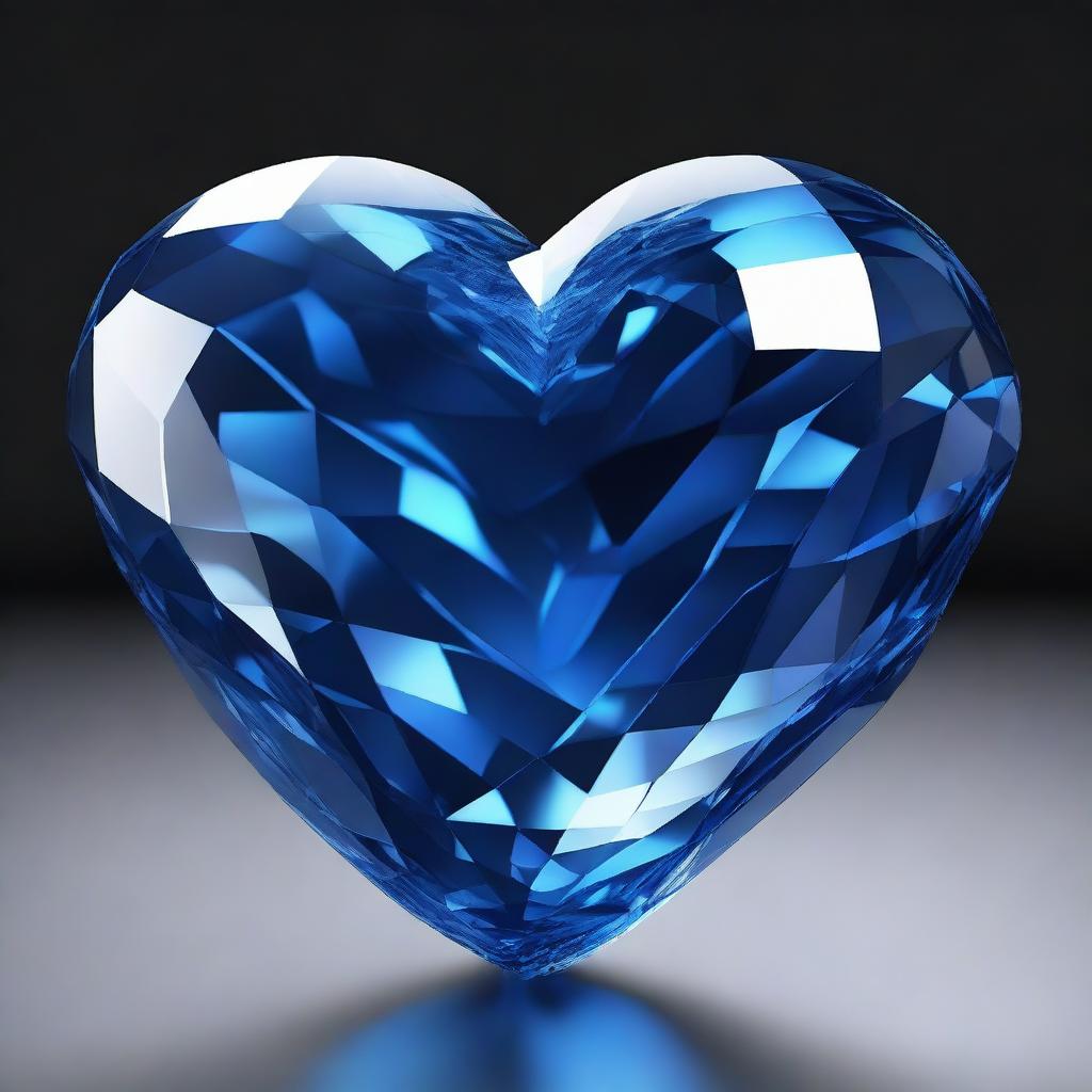 A highly detailed 3D rendering of a large blue crystal heart, set against a solid black background